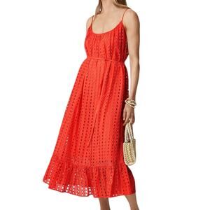 J Crew Oval Eyelet‎ Midi Dress Coral Orange Spaghetti Strap Ruffle A Line XS